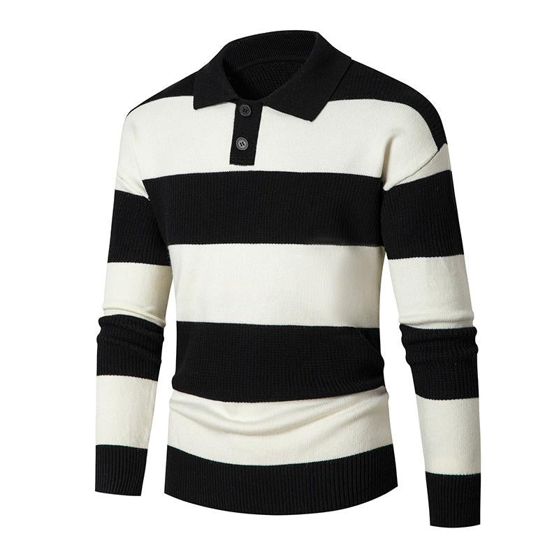 Mens Casual Contrast Color Striped Polo Collar Long Sleeve Loose Sweater 13307346M