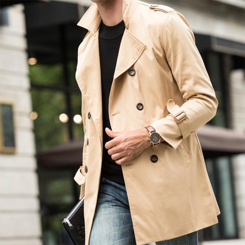 Mens British Style Mid-Length Slim Belted Lapel Double-Breasted Trench Coat 12290371M
