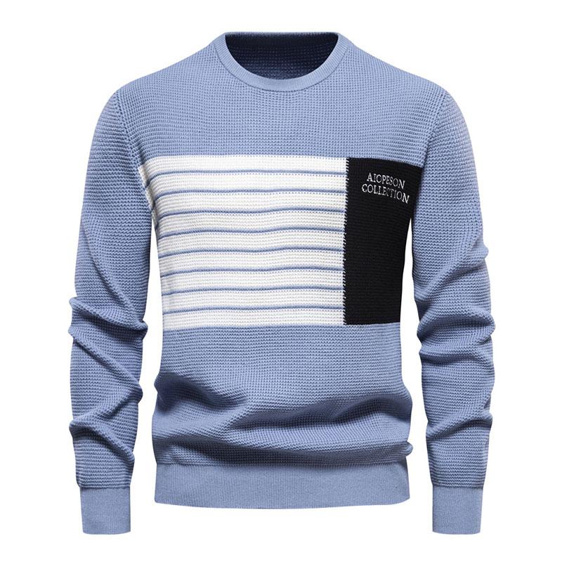 Mens Casual Contrast Stripe Patchwork Round Neck Long Sleeve Knitted Sweater 26118490M