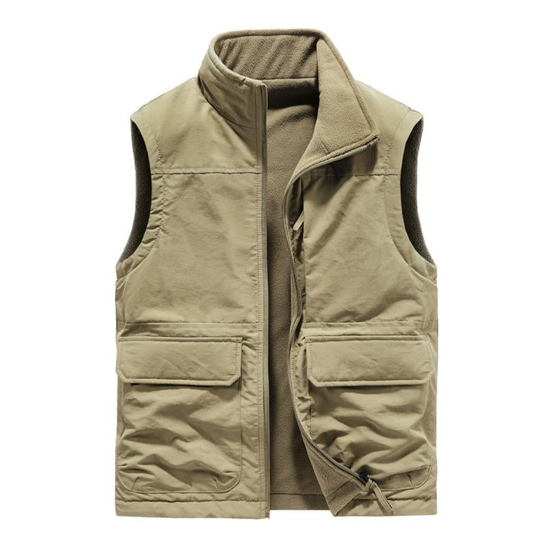 Mens Casual Outdoor Stand Collar Reversible Fleece Warm Multi-pocket Vest 10186640M