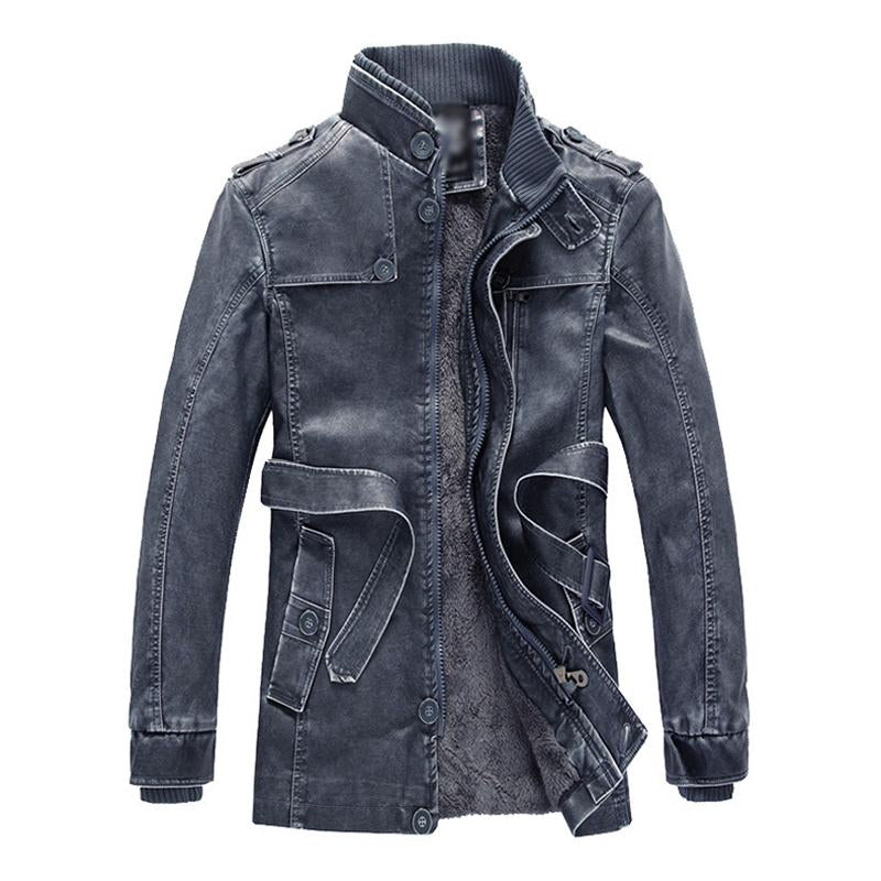Mens Vintage Washed Stand-Collar Fleece Lining Mid-Length Motorcycle Leather Coat 94824117M