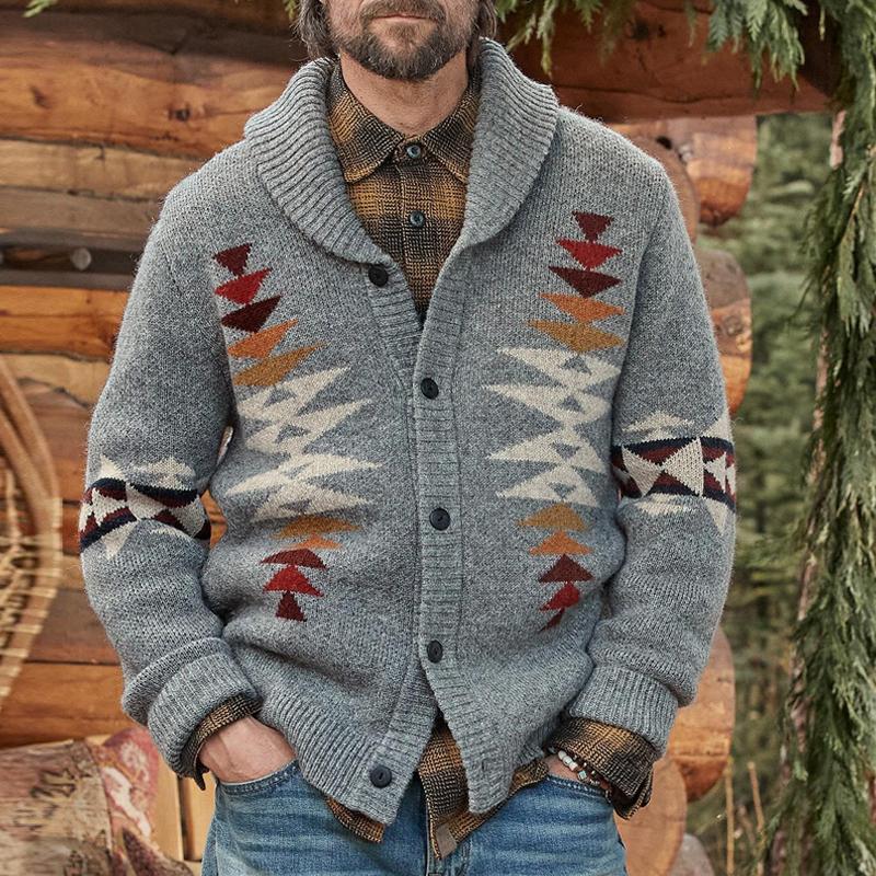 Mens Vintage Jacquard Lapel Long Sleeve Cardigan 29110250Y