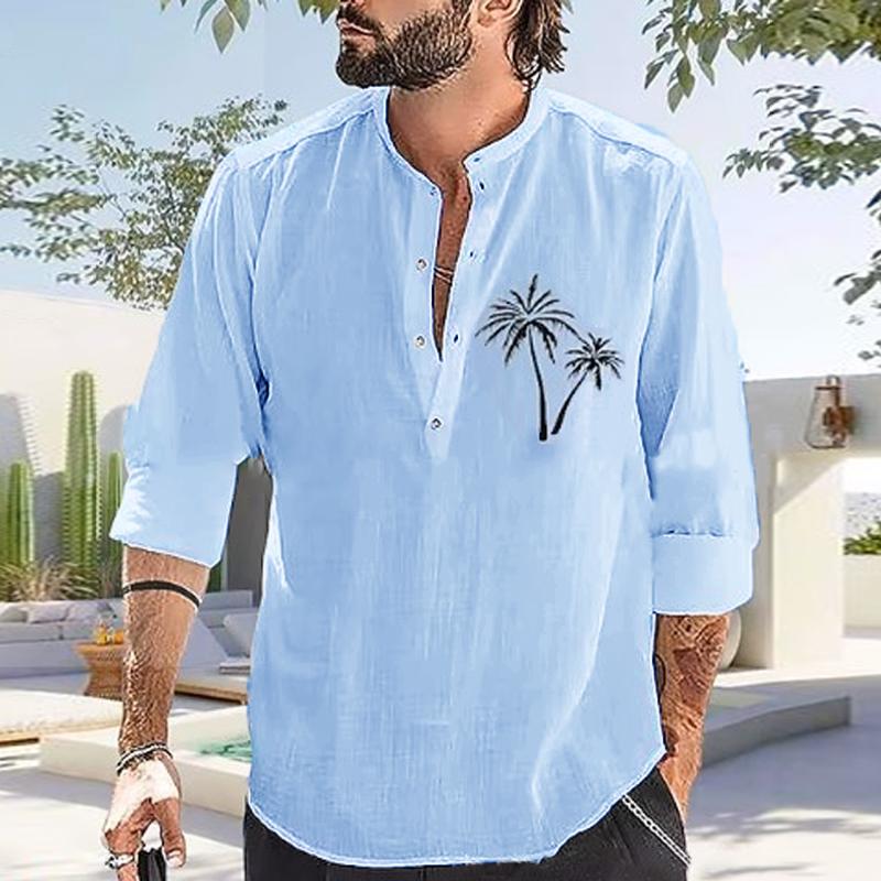 Mens Casual Coconut Print Stand Collar Cotton Linen Long Sleeve Shirt 56820050Y