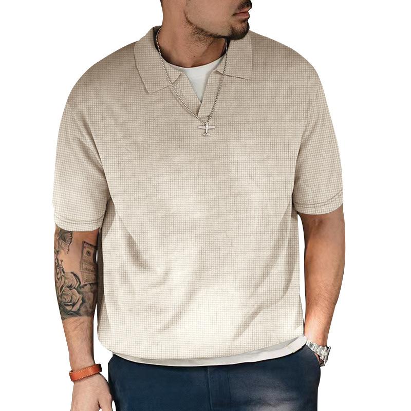 Mens Solid Lapel Waffle Short Sleeve Loose Casual Polo Shirt 94313755Z
