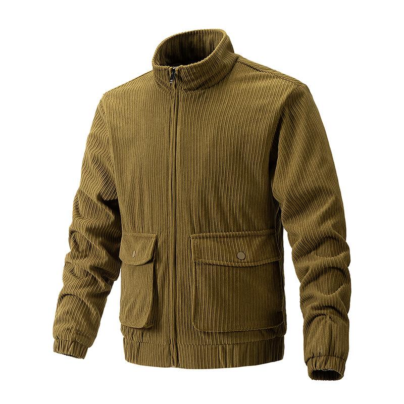 Mens Corduroy Solid Color Stand Collar Cargo Casual Jacket 08152342X