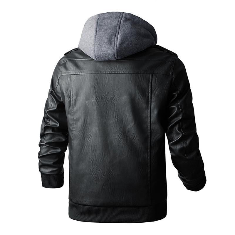 Mens Vintage Removable Hood Loose Zipper Leather Cargo Jacket 37832565M