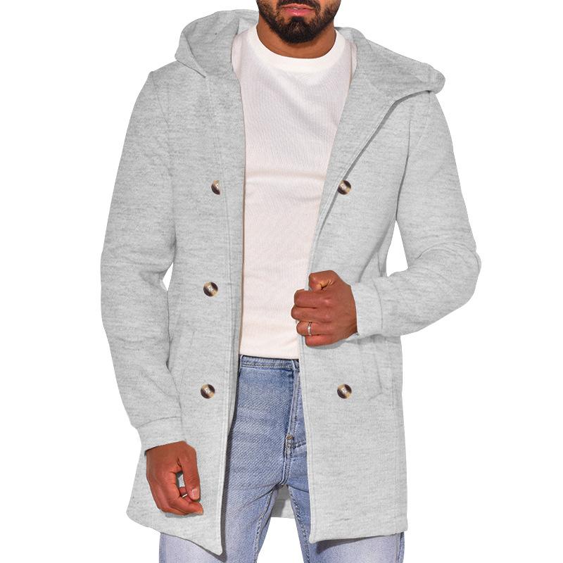 Mens Casual Solid Color Hooded Double-Breasted Long-Sleeved Windbreaker Coat 75393134M