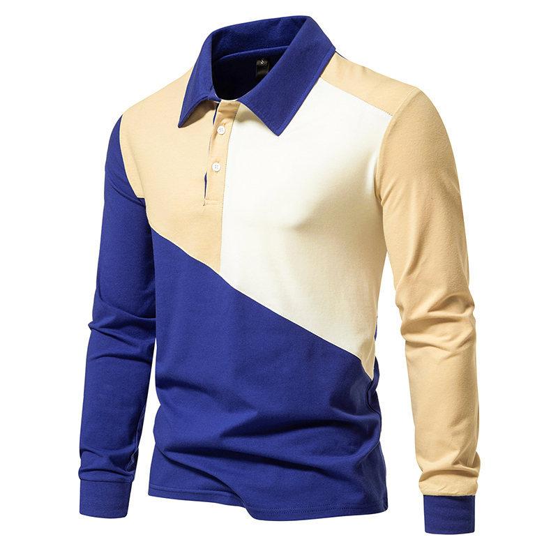 Mens Color Block Lapel Long Sleeve Casual Polo Shirt 46370091Z