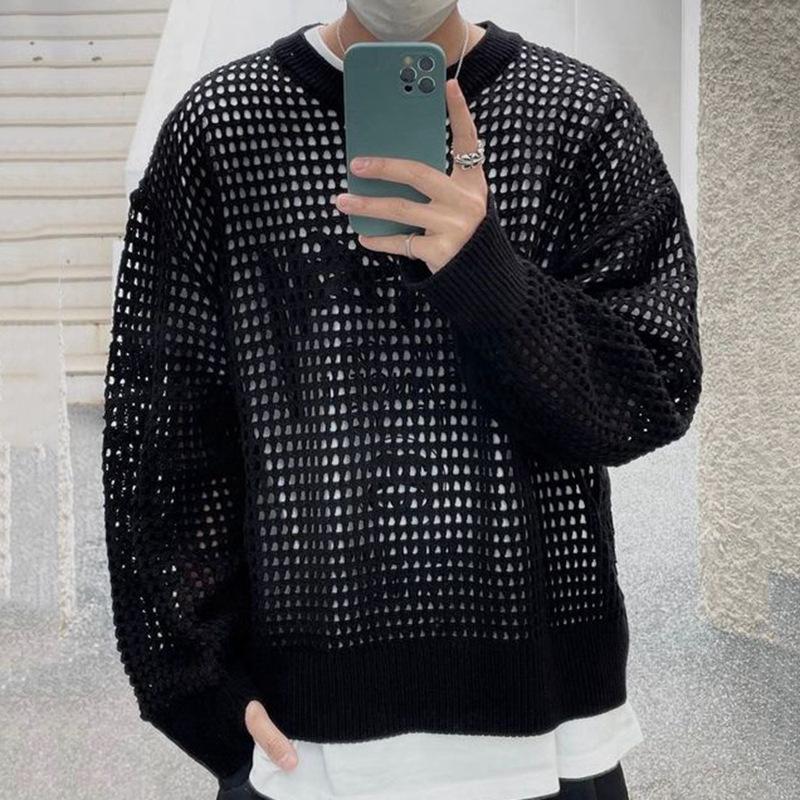 Mens Fashion Solid Color Mesh Hollow Round Neck Long Sleeve Knitted Sweater 25224548M