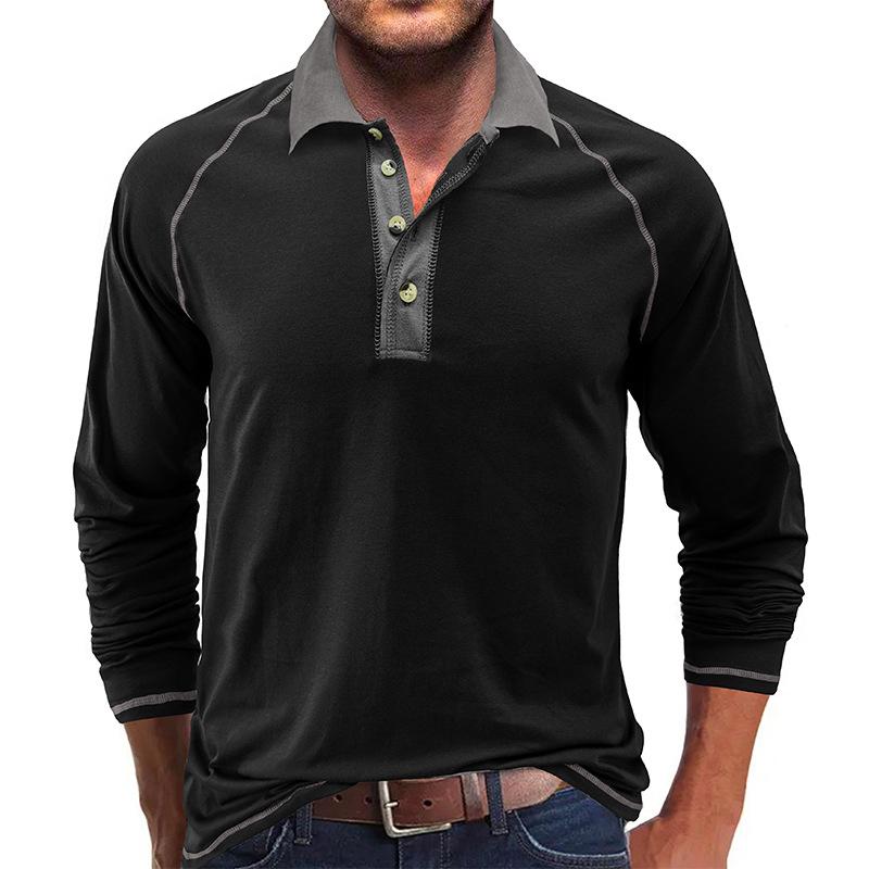Mens Casual Color Contrasting Lapel Long Sleeve Polo Shirt 04563249M