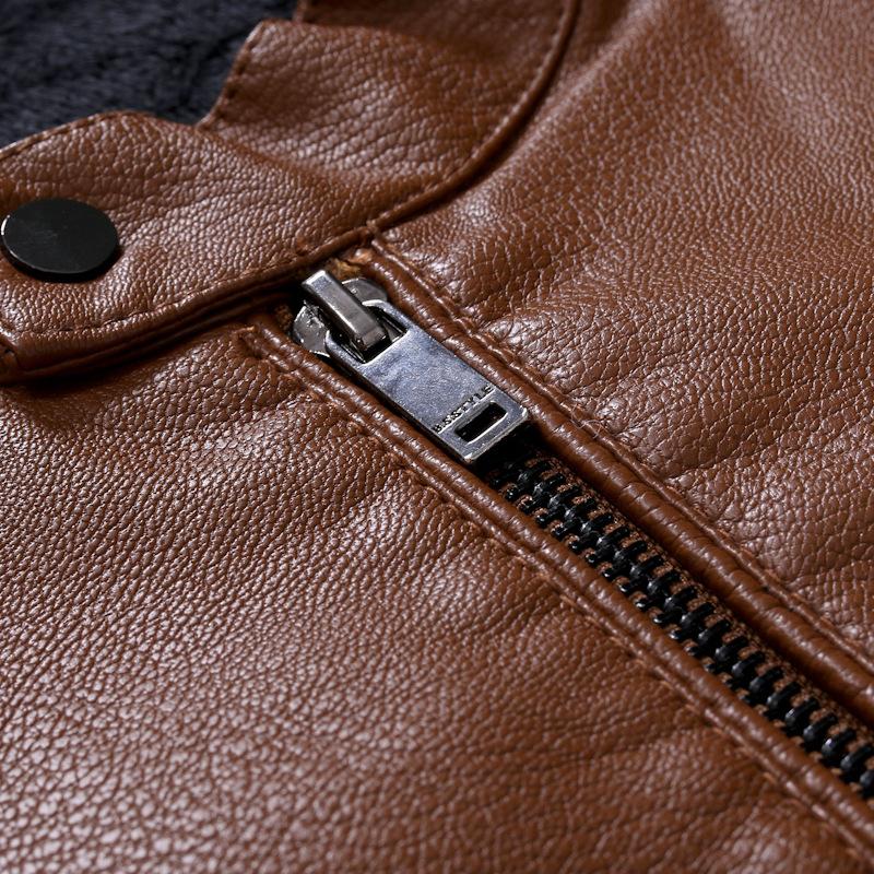 Mens Casual Solid Color Zipper Stand Collar Motorcycle Leather Jacket 91951708M
