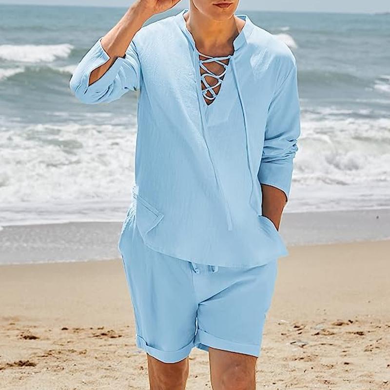 Mens Casual Solid Color Cotton Bandage Stand Collar Long Sleeve Shirt Shorts Set 59552911Y