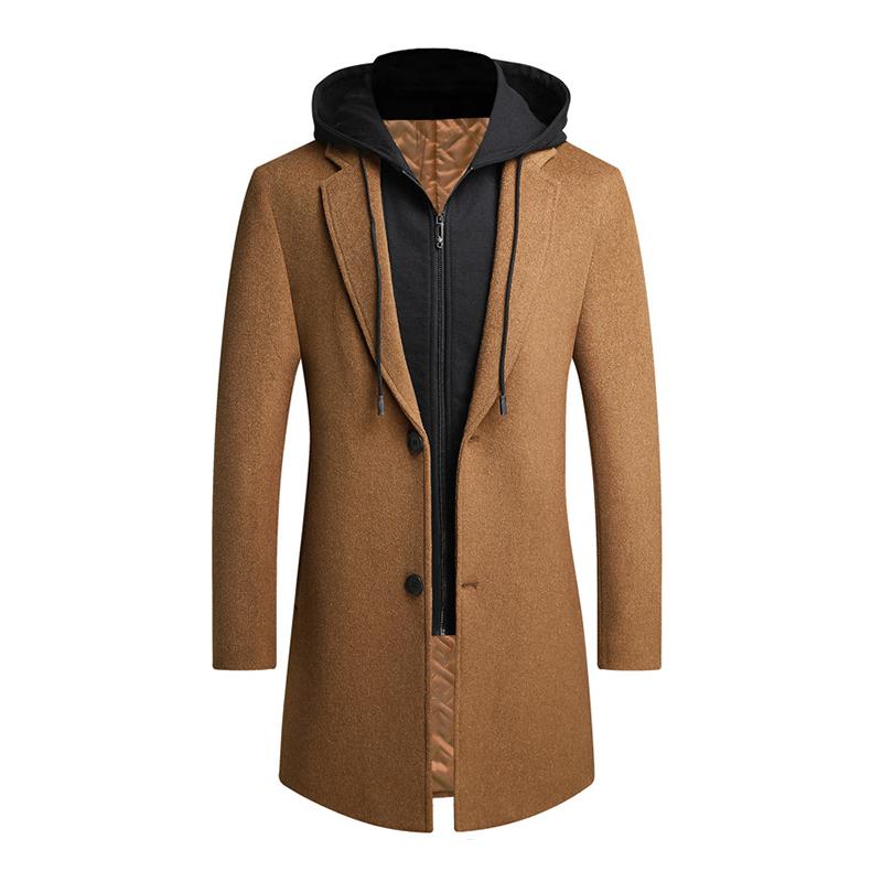 Mens Vintage Wool Blended Mid-Length Removable Hood Single-Breasted Coat 43596933M