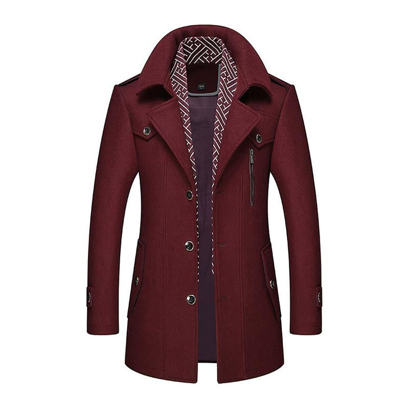 Mens Casual Wool Blend Scarf Collar Warm Mid-Length Lapel Single-Breasted Coat 15758532M