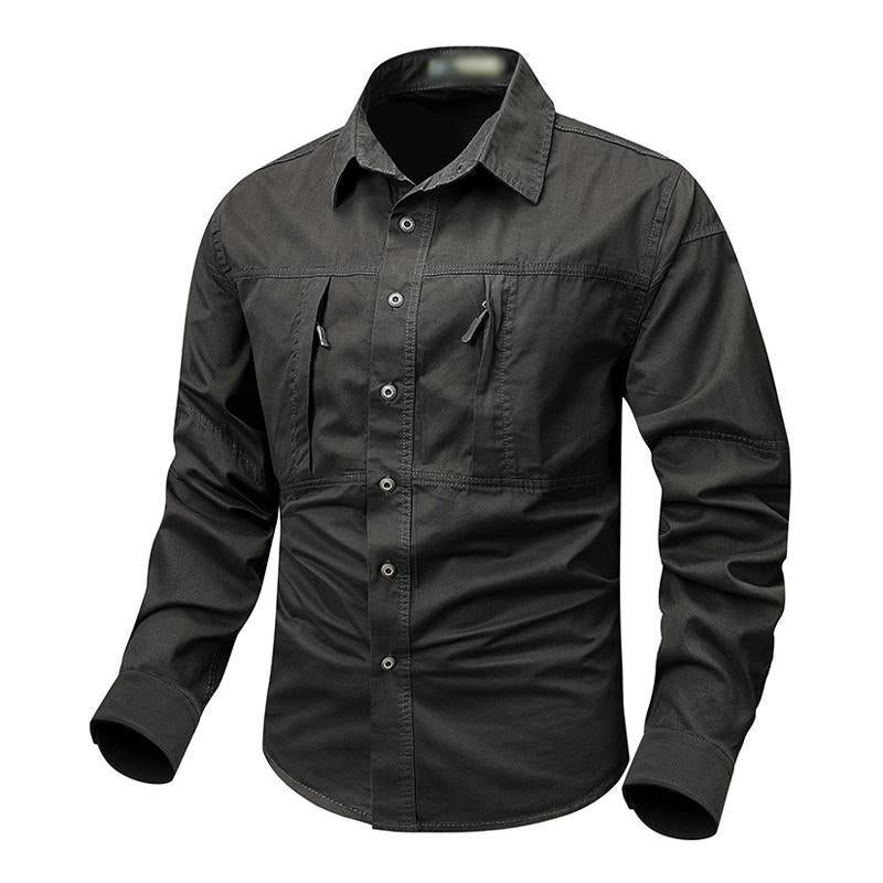 Mens Casual Outdoor Zipper Pocket Cotton Workwear Long-Sleeved Shirt 31226874M