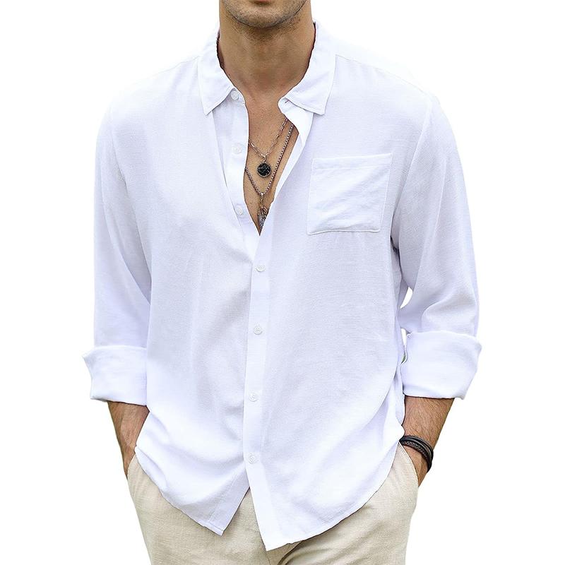 Mens Casual Lapel Linen Long Sleeve Shirt 21204935M