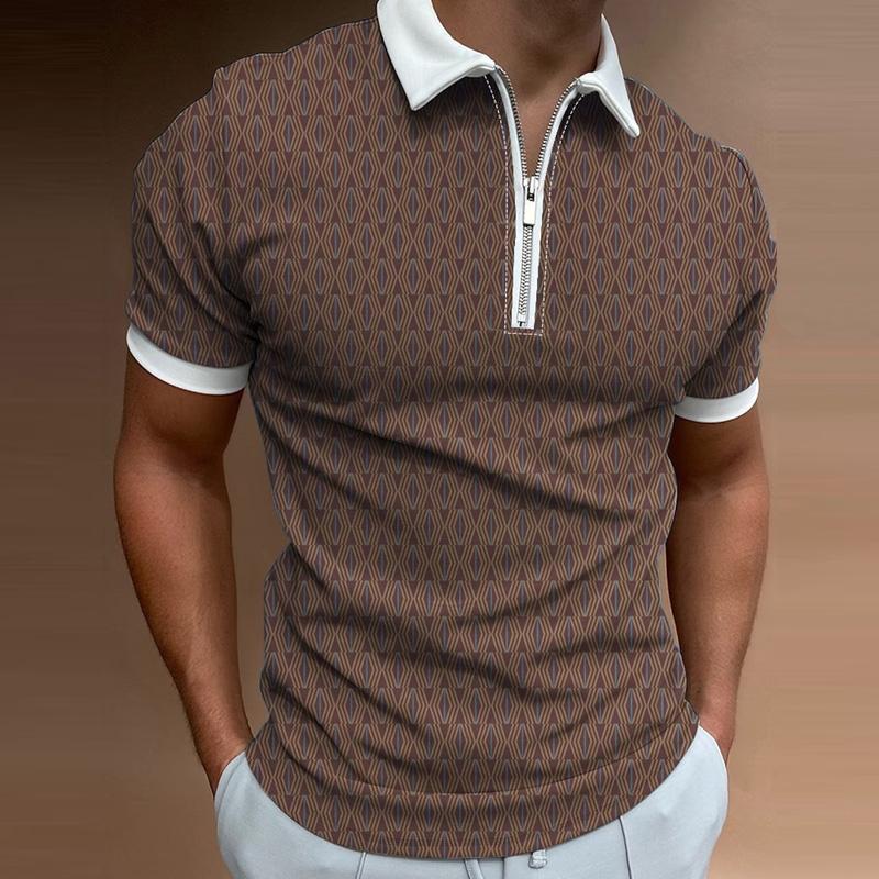 Mens Casual Printed Zipper Lapel Short Sleeve Polo Shirt 55762473M