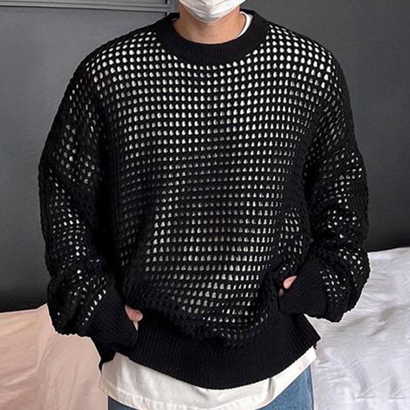 Mens Fashion Solid Color Mesh Hollow Round Neck Long Sleeve Knitted Sweater 25224548M