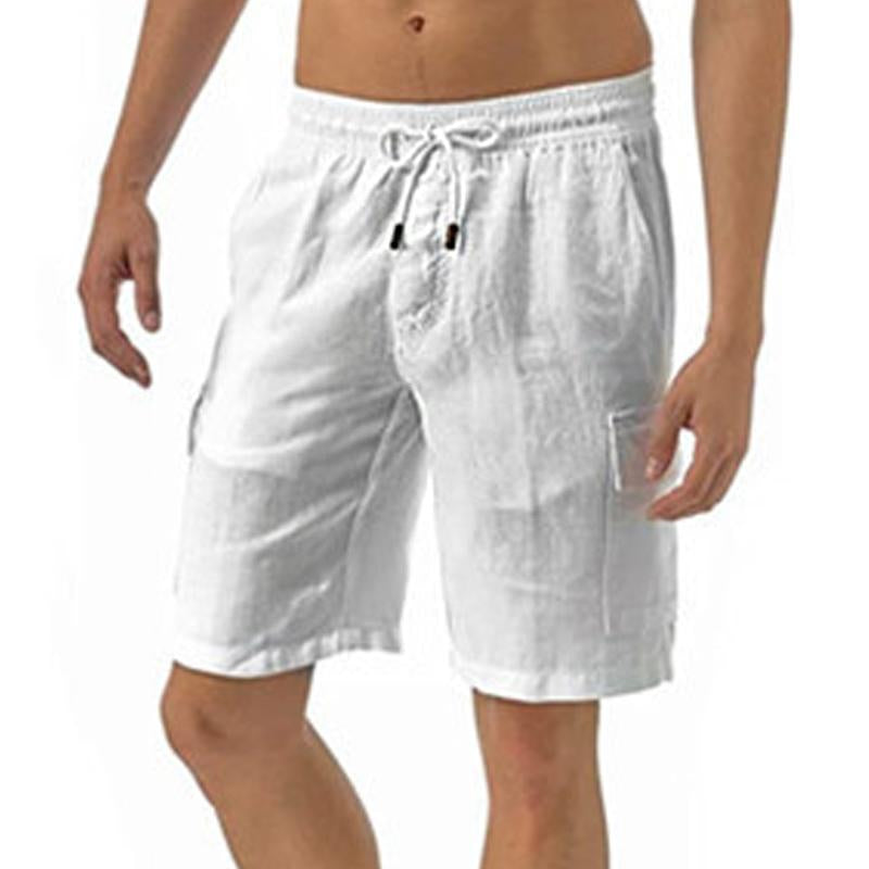 Mens Casual Solid Color Cotton Linen Multi-Pocket Drawstring Shorts 01649333Y