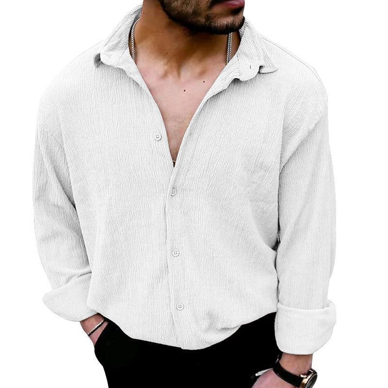 Mens Solid Loose Linen Lapel Long Sleeve Shirt 20359085Z