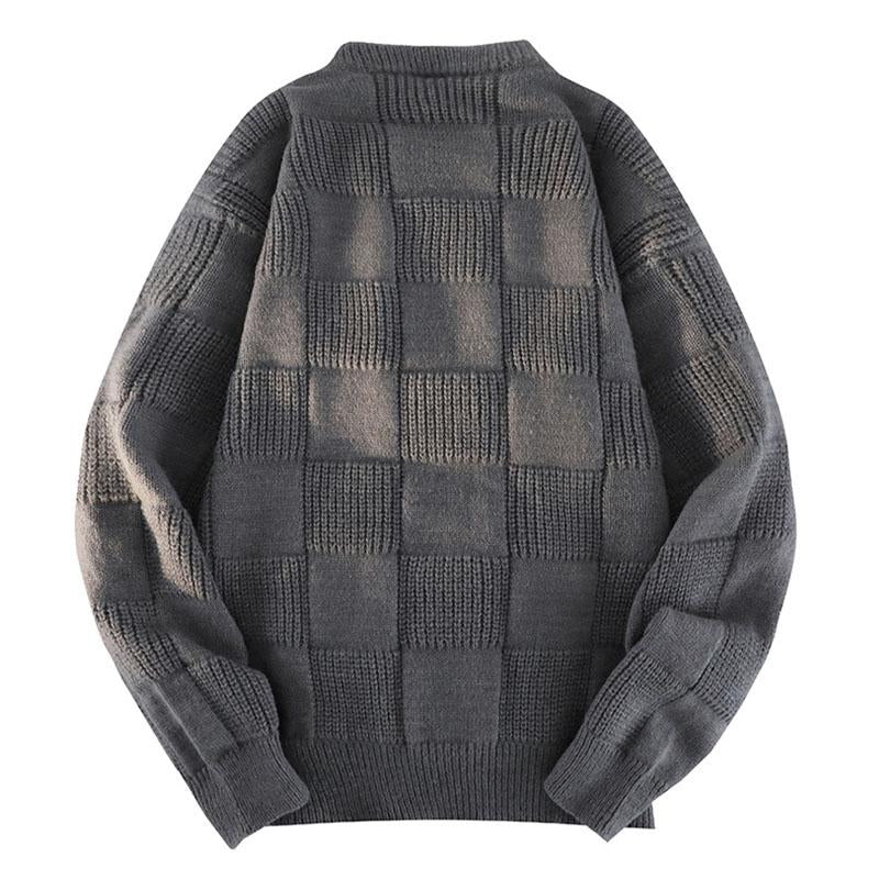 Mens Casual Solid Color Round Neck Plaid Texture Knitted Pullover Sweater 53899454M