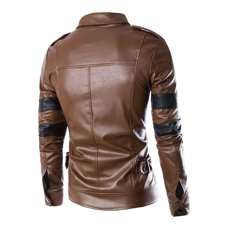 Mens Vintage Contrast Patchwork Lapel Multi-pocket Leather Jacket 16755981M