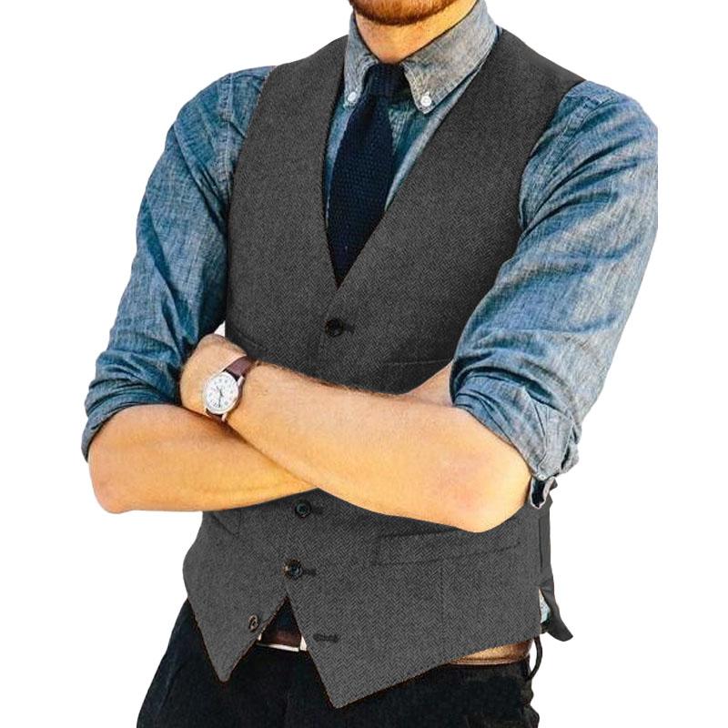Mens Vintage V Neck Herringbone Single Breasted Suit Vest 21328439M
