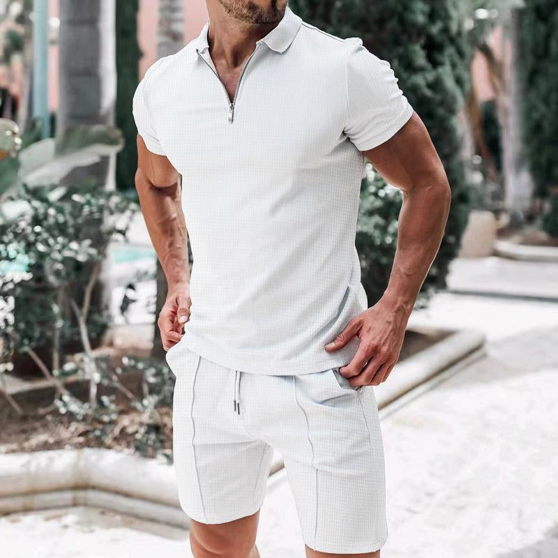 Mens Casual Waffle Solid Color Lapel Short Sleeve T-Shirt Shorts Set 42483174Y