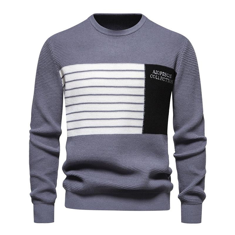 Mens Casual Contrast Stripe Patchwork Round Neck Long Sleeve Knitted Sweater 26118490M