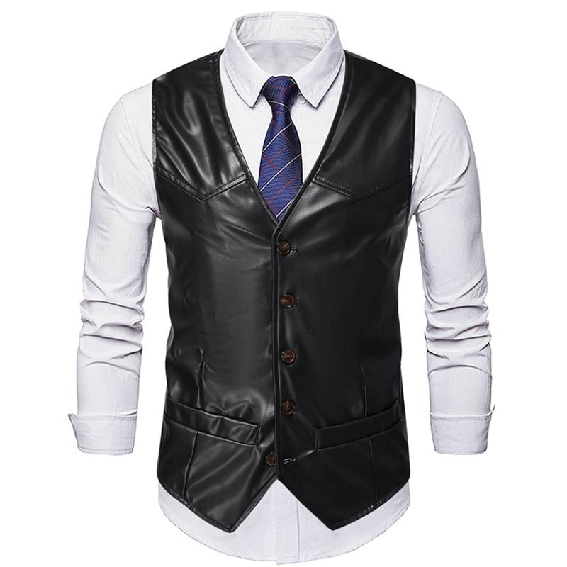 Mens Vintage Solid Color Collarless Leather Vest 99226572Y