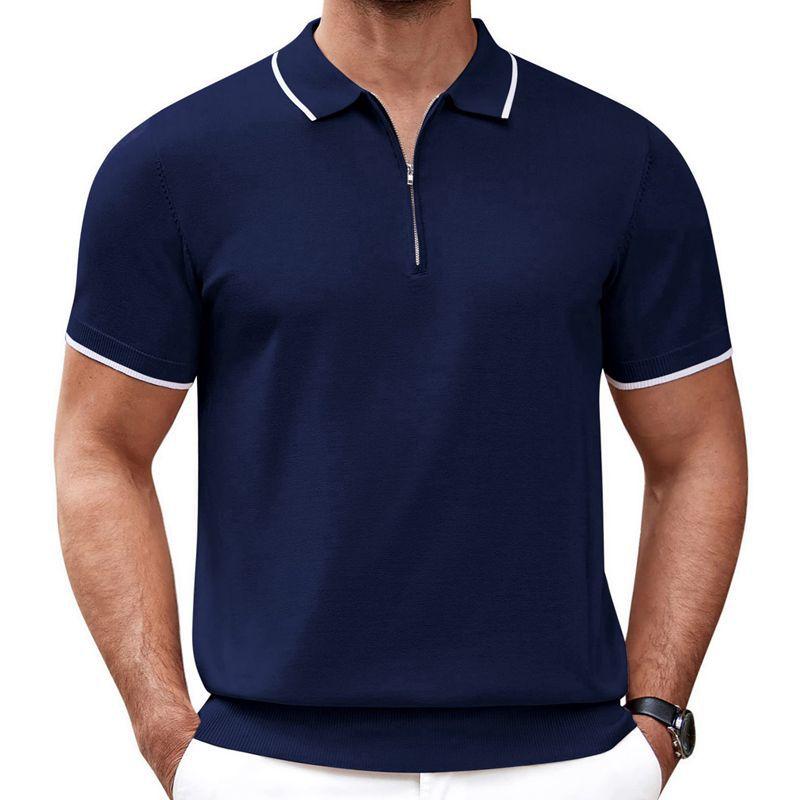 Mens White Line Stitching Lapel Short Sleeve Polo Shirt 7673085Z