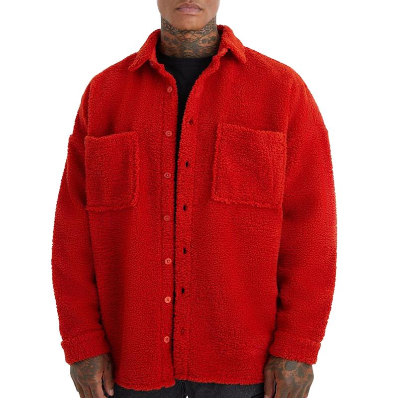 Mens Retro Solid Color Teddy Plush Loose Double Breast Pockets Lapel Jacket 77524583Y