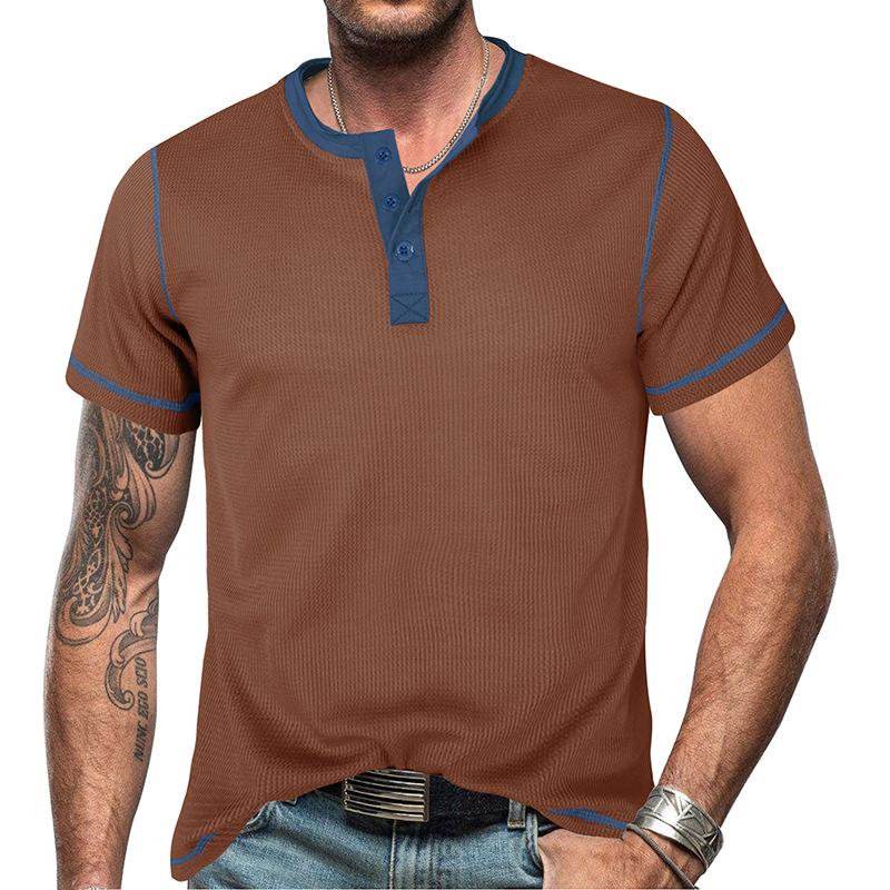 Mens Vintage Waffle Colorblock Short Sleeve Henley T-Shirt 19376028X
