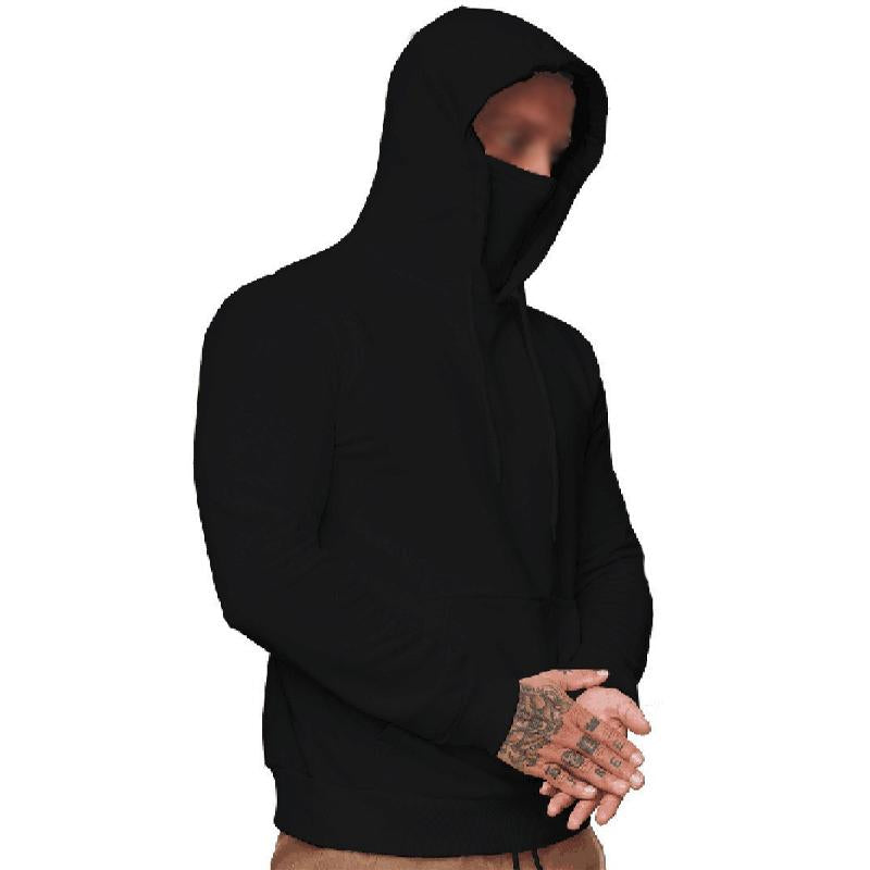 Men Casual Solid Color Panel Mask Long Sleeve Hooded Sweatshirt 69956106Y