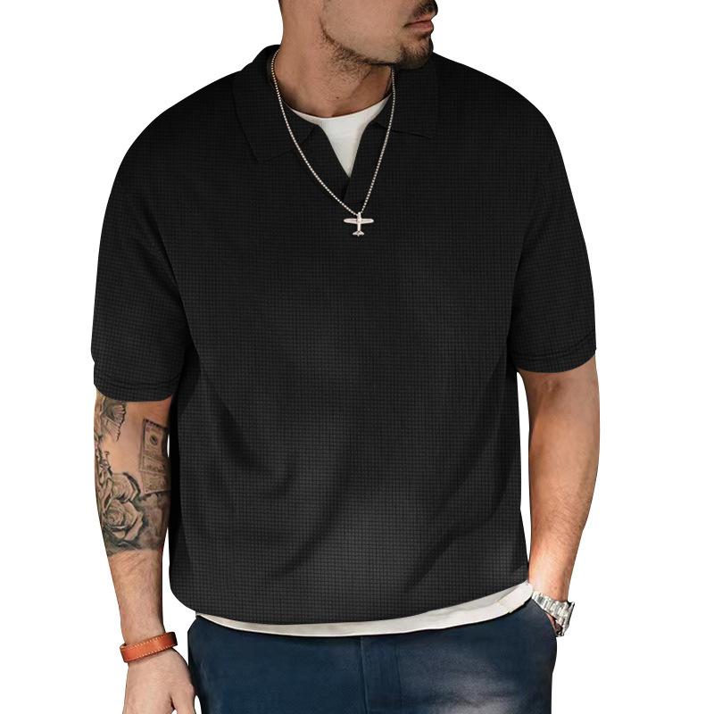 Mens Solid Lapel Waffle Short Sleeve Loose Casual Polo Shirt 94313755Z