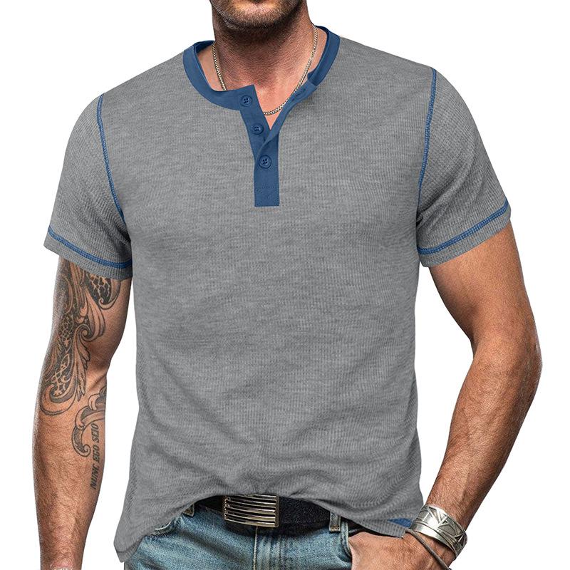 Mens Vintage Waffle Colorblock Short Sleeve Henley T-Shirt 19376028X