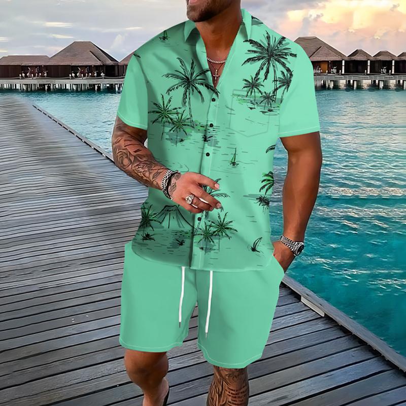 Mens Coconut Print Lapel Button Shirt Short Sleeve Board Shorts Set 98328277X