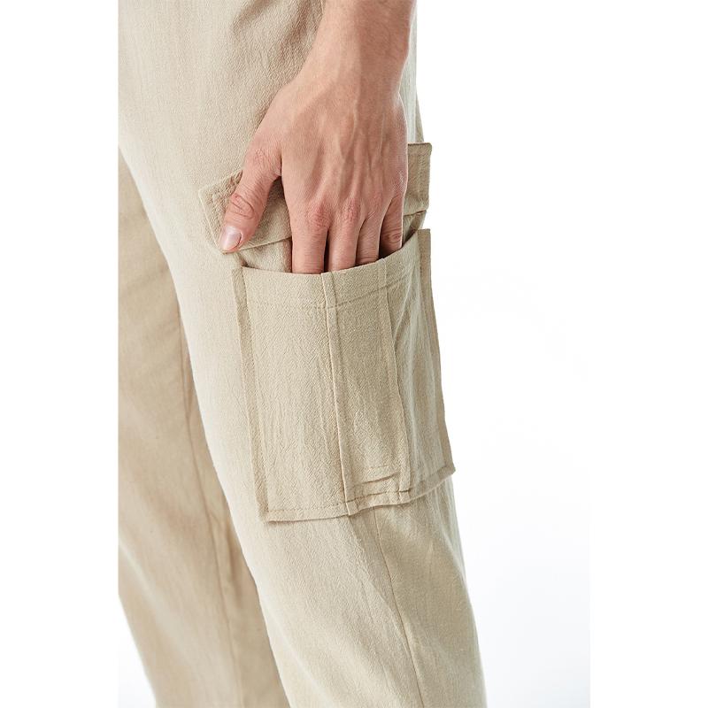 Mens Casual Solid Color Cotton Linen Multi Pocket Trousers 19617055Y