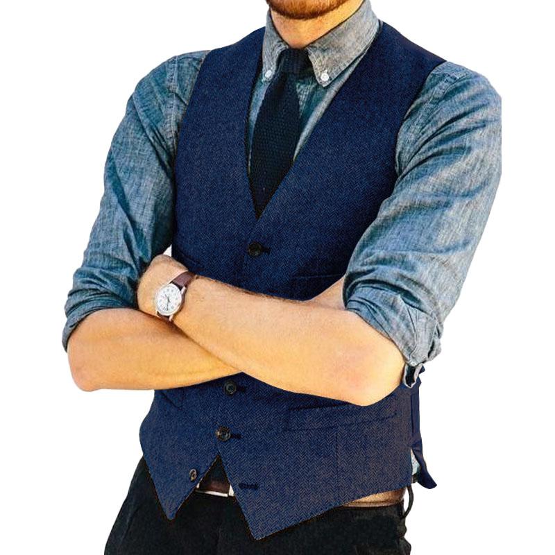 Mens Vintage V Neck Herringbone Single Breasted Suit Vest 21328439M