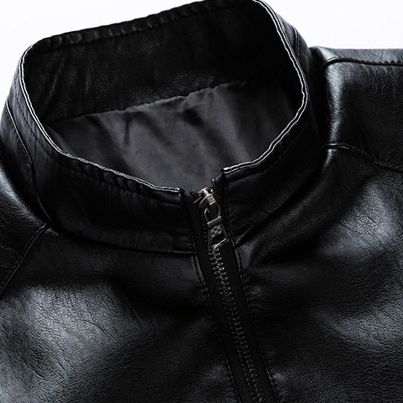 Mens Casual Stand Collar Zipper Slim Leather Jacket 99434666M