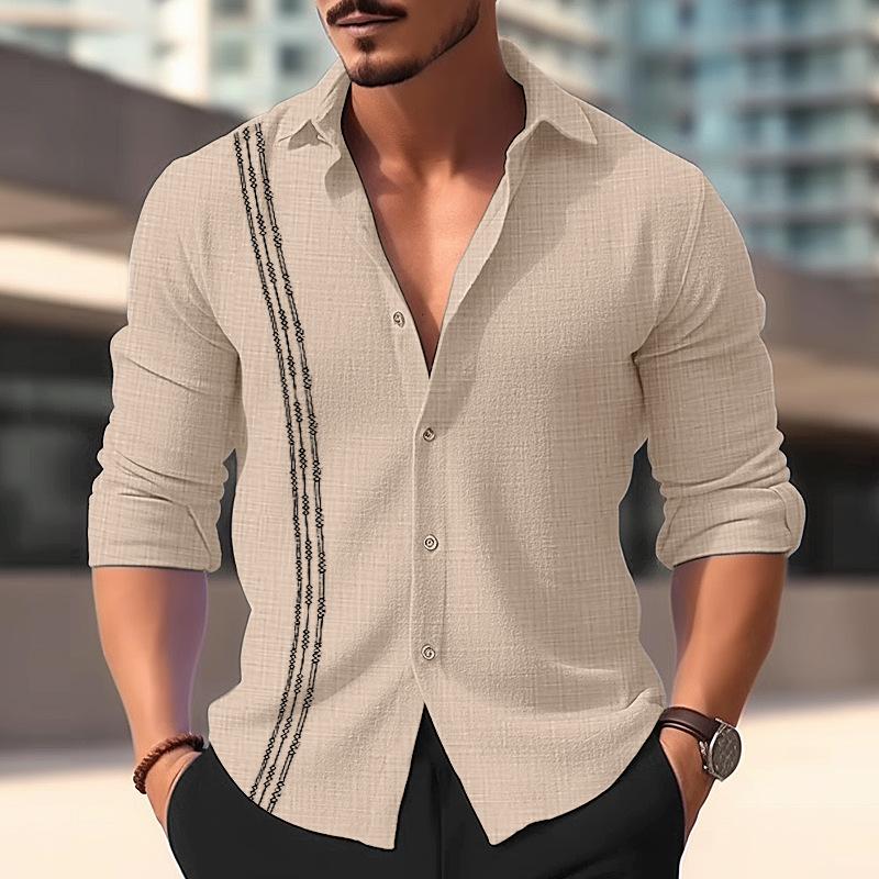 MenS Casual Printed Patchwork Lapel Long Sleeve Shirt 99085719Y