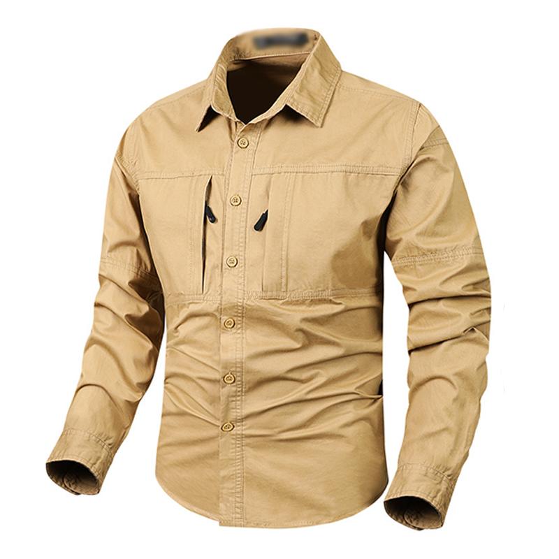 Mens Casual Outdoor Zipper Pocket Cotton Workwear Long-Sleeved Shirt 31226874M
