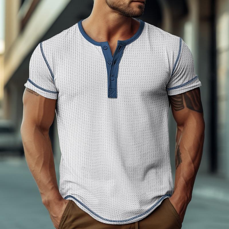 Mens Waffle Henley Collar Color Block Short Sleeves T-shirt 47068701Y
