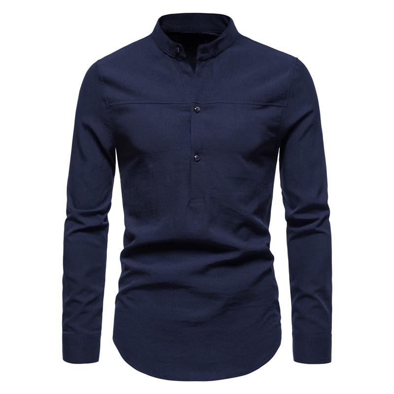 Mens Solid Color Long Sleeve Stand Collar Linen Shirt 70526053X