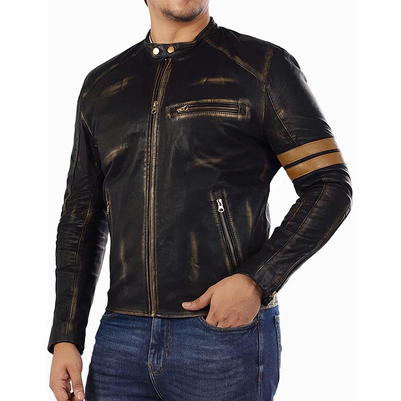 Mens Vintage Distressed Stand Collar Contrast Stitching Leather Jacket 22822210M