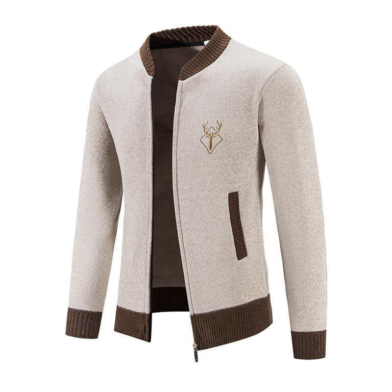 Mens Retro Colorblock Stand Collar Embroidered Warm Cardigan 08327801Y