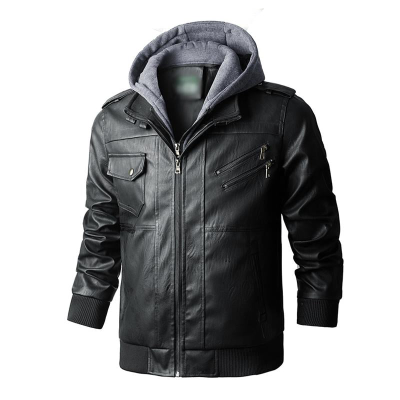 Mens Vintage Removable Hood Loose Zipper Leather Cargo Jacket 37832565M