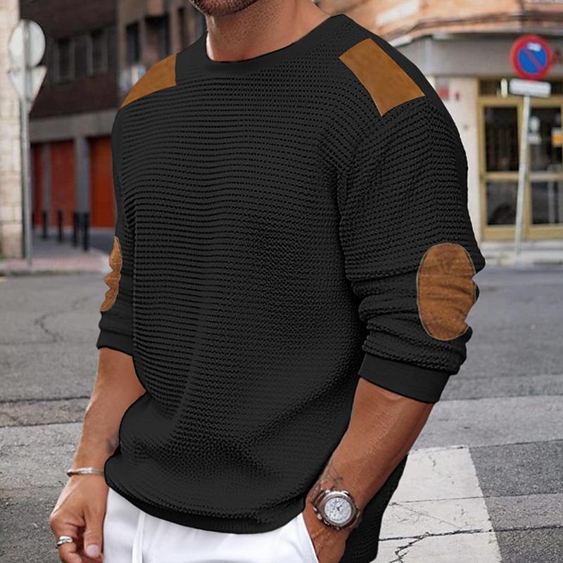 Mens Casual Round Neck Long Sleeve Patchwork Slim Pullover Knitted Sweater 02555996M