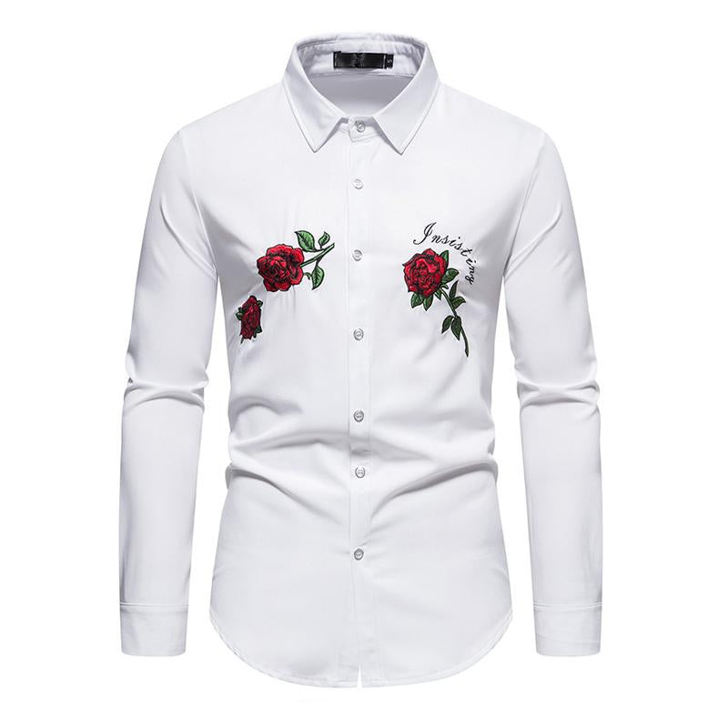 Mens Fashion Rose Embroidery Casual Lapel Long Sleeve Shirt 65312490X