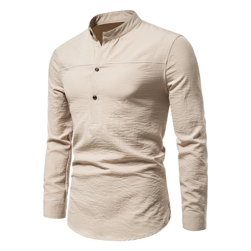 Mens Solid Color Long Sleeve Stand Collar Linen Shirt 70526053X